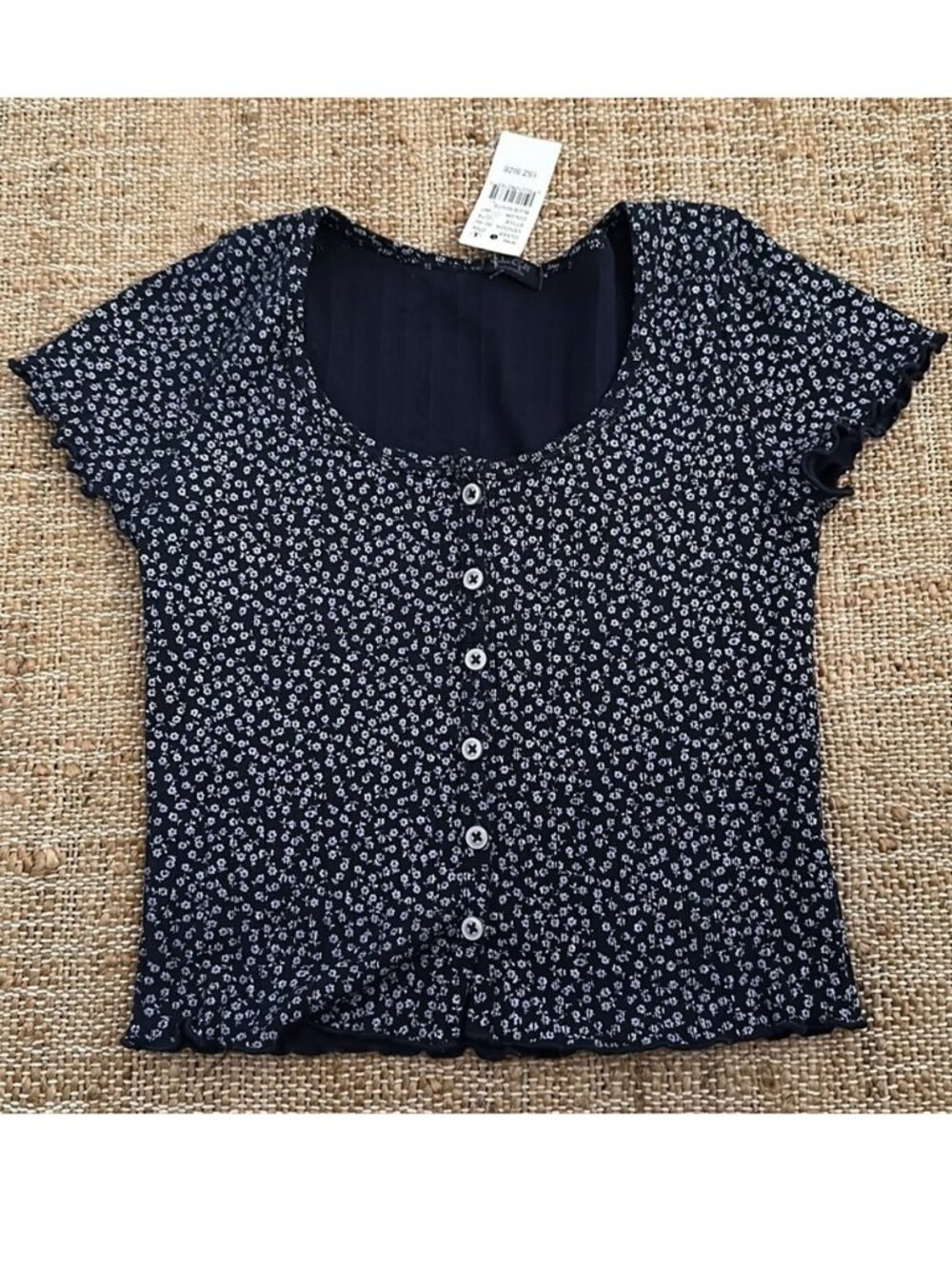 BlueWhite Button Down Cropped Fitted Top